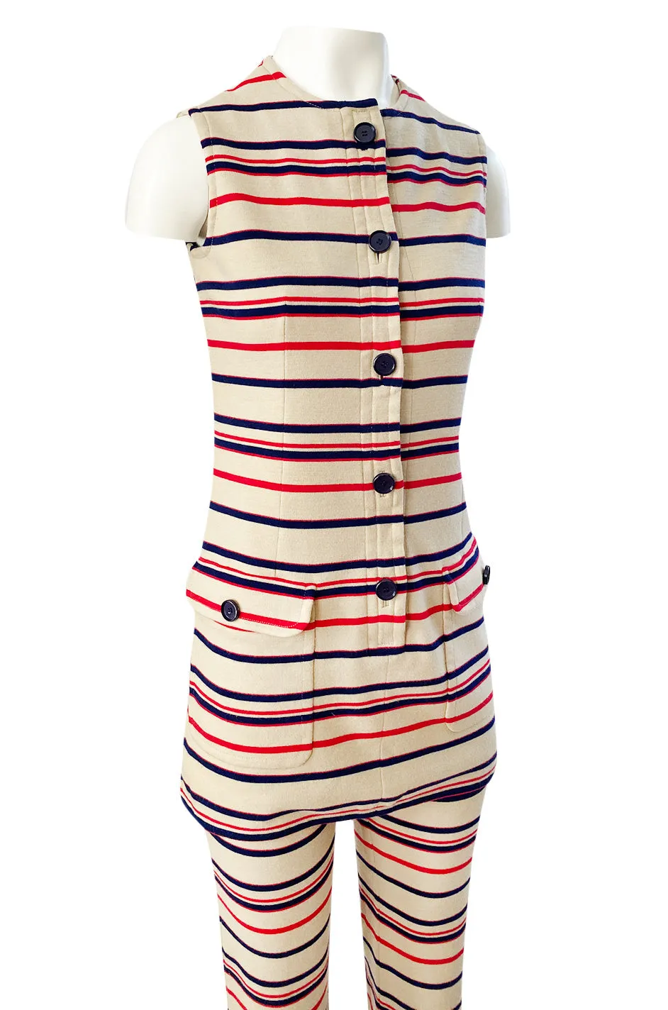 1970s Givenchy Taupe Red and Blue Striped Knit Jersey Pant & Top Set