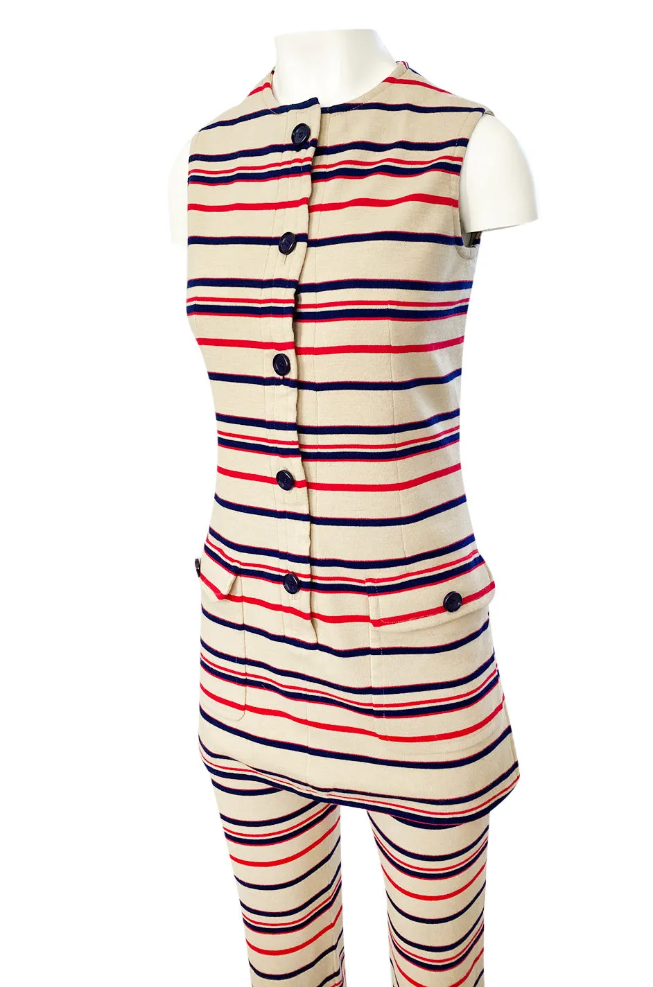 1970s Givenchy Taupe Red and Blue Striped Knit Jersey Pant & Top Set