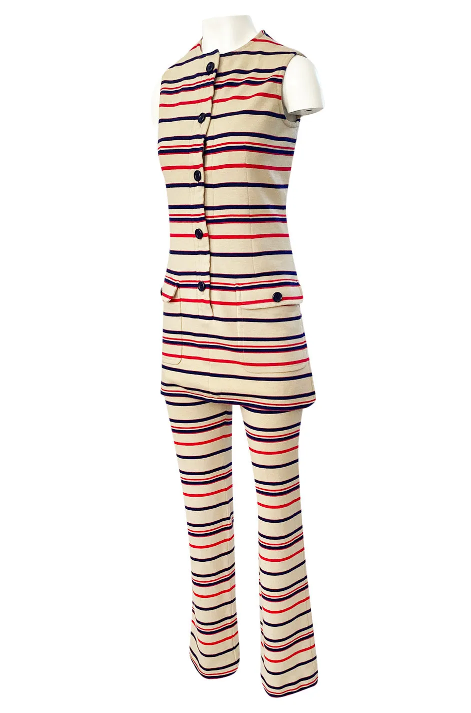 1970s Givenchy Taupe Red and Blue Striped Knit Jersey Pant & Top Set
