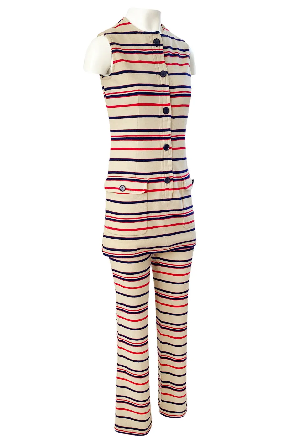 1970s Givenchy Taupe Red and Blue Striped Knit Jersey Pant & Top Set