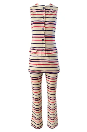 1970s Givenchy Taupe Red and Blue Striped Knit Jersey Pant & Top Set