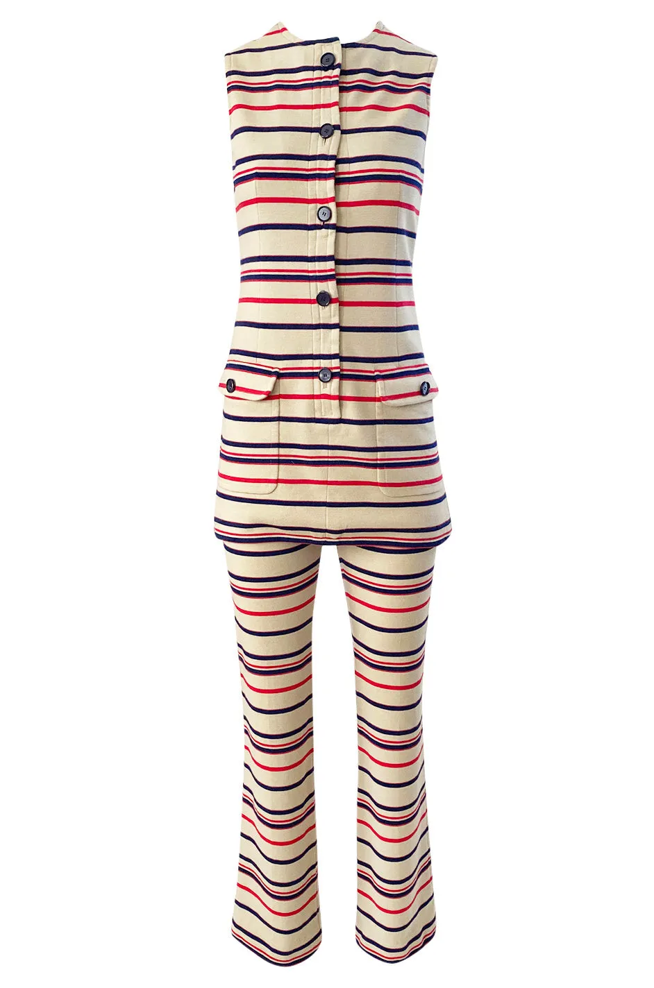 1970s Givenchy Taupe Red and Blue Striped Knit Jersey Pant & Top Set