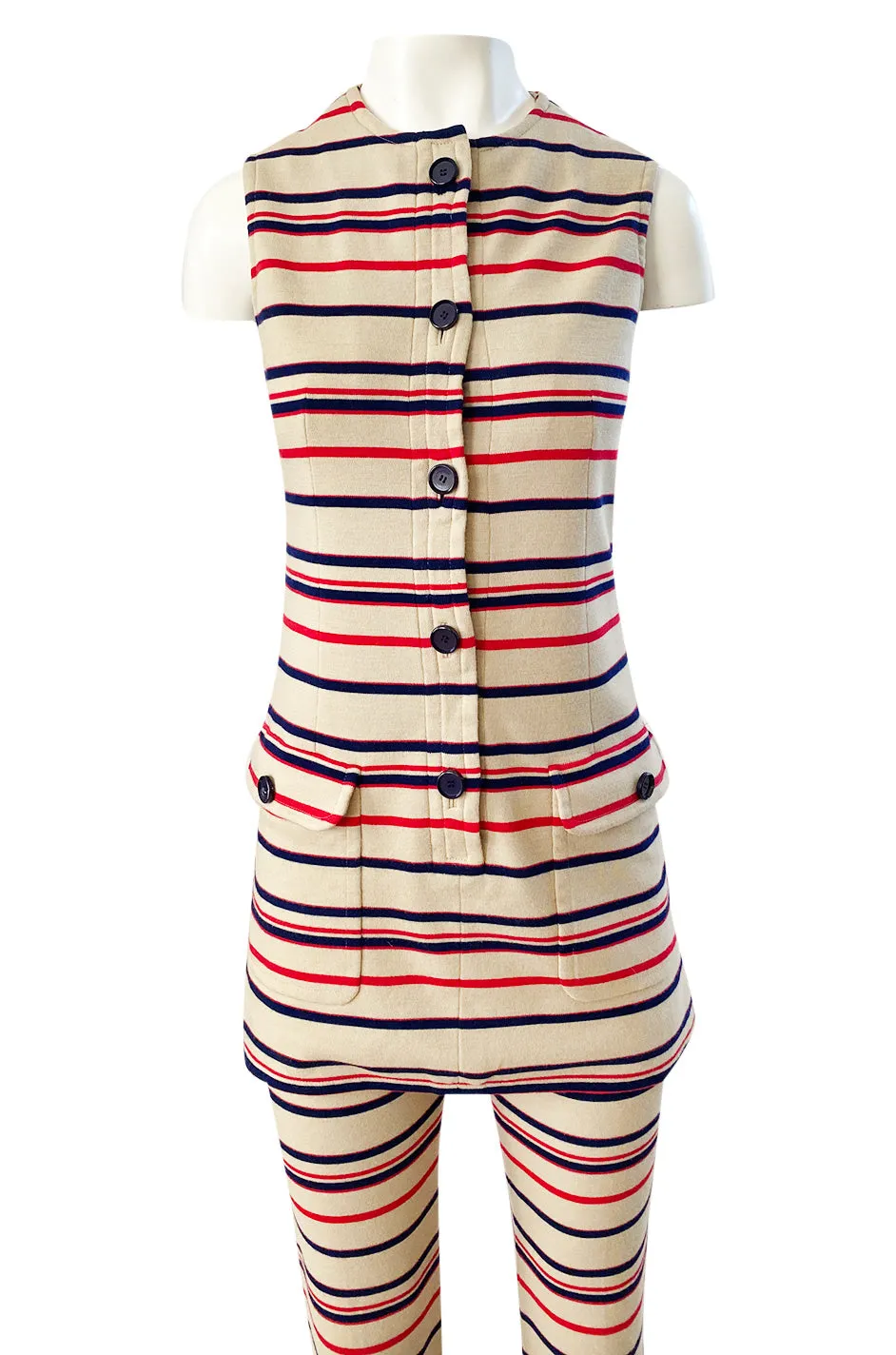 1970s Givenchy Taupe Red and Blue Striped Knit Jersey Pant & Top Set