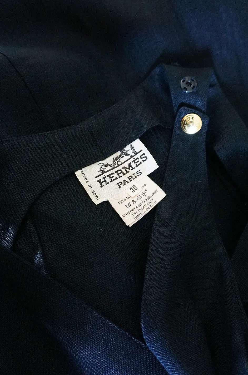1970s Rare and Chic Hermes Black Linen Wrap Dress