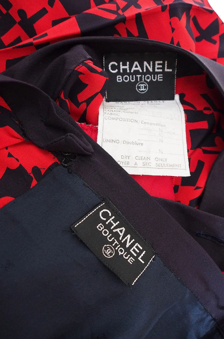 1980s Print Red & Navy Chanel Skirt and Top Set