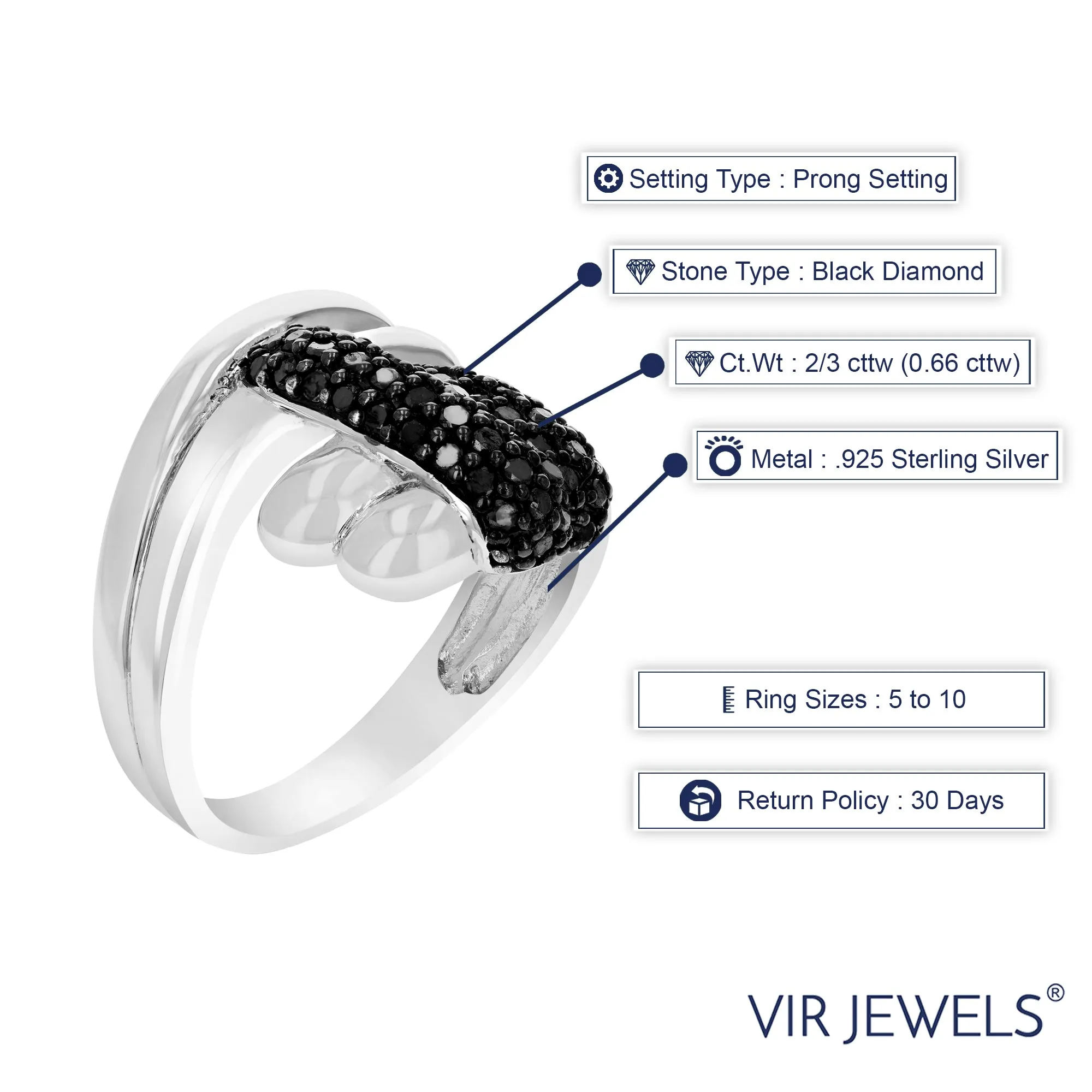 2/3 cttw Black Diamond Overlap Statement Ring in Sterling Silver