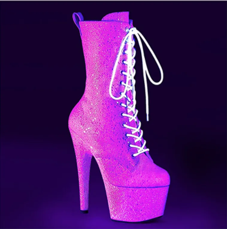 7" Heel Platform Lace-Up Ankle Boot with UV Blacklight Reactive Glitter (ADORE-1040IG FINAL SALE)