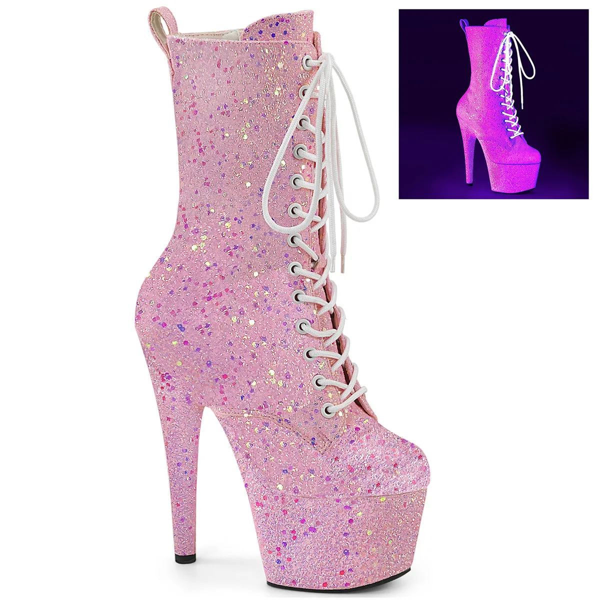 7" Heel Platform Lace-Up Ankle Boot with UV Blacklight Reactive Glitter (ADORE-1040IG FINAL SALE)