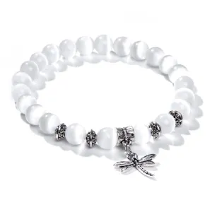8mm white Cat Eye stone Beads Bracelet with Lucky dragonfly Dog claw butterfly Pendant Charms Strand Bracelets For Women female