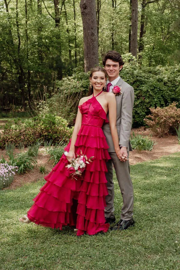 A-line Halter Neck Ruffle Fuchsia Long Prom Dress TP1321