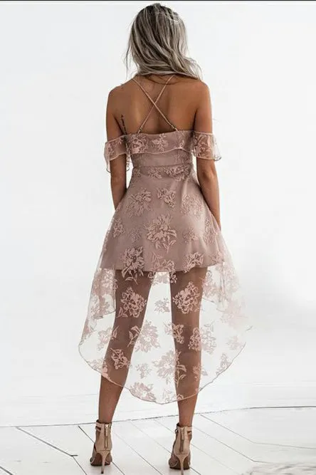A-Line Spaghetti Straps Hi-Lo Lace Homecoming Dress OHM034
