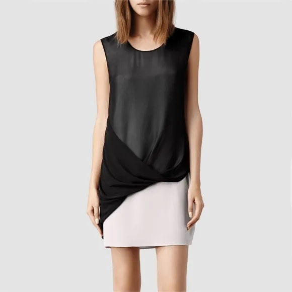 All Saints Afia Dress Twist Sleeveless Crew Neck Shift Mini Black Nude Size 2