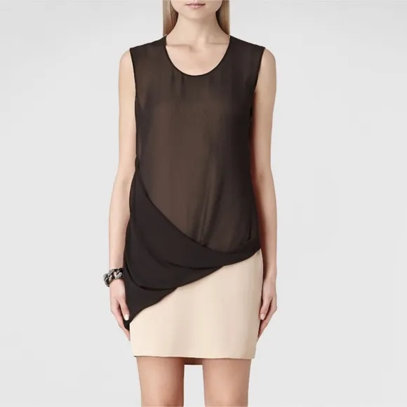 All Saints Afia Dress Twist Sleeveless Crew Neck Shift Mini Black Nude Size 2