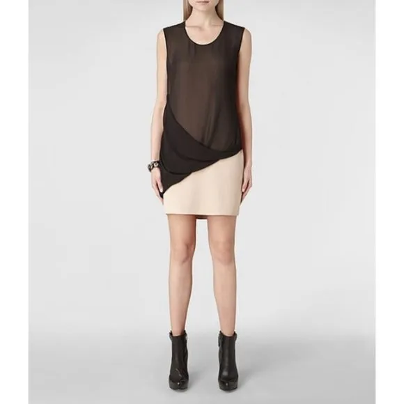 All Saints Afia Dress Twist Sleeveless Crew Neck Shift Mini Black Nude Size 2