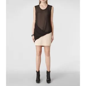 All Saints Afia Dress Twist Sleeveless Crew Neck Shift Mini Black Nude Size 2