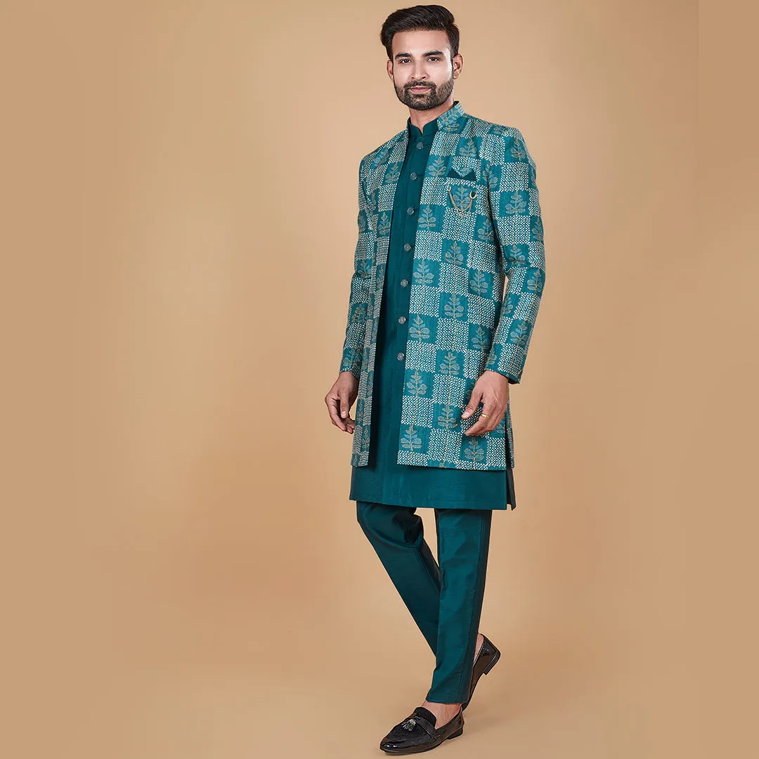 Azure  Blue Indo-Western Kurta with Designer Patch Jacket