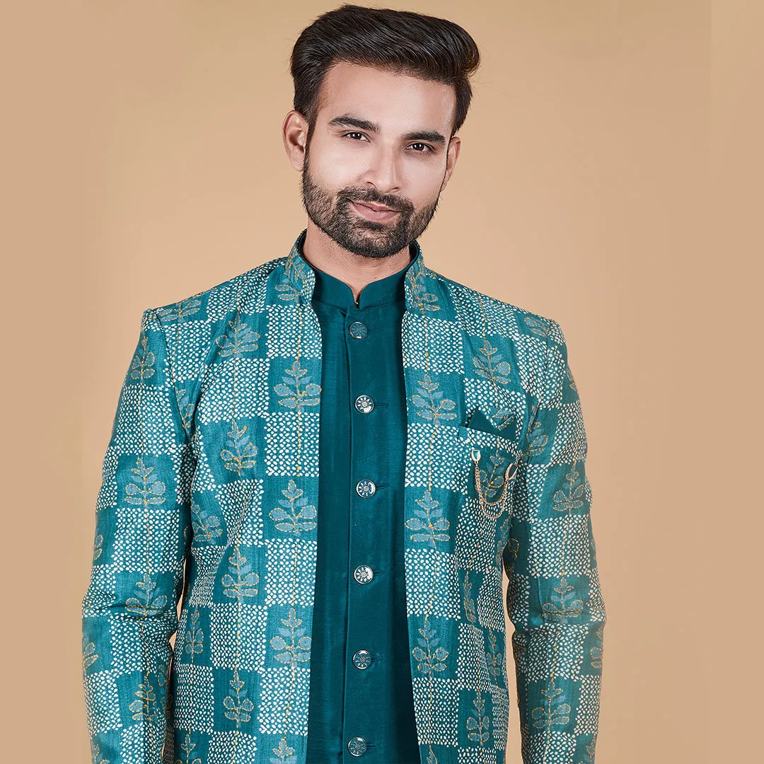 Azure  Blue Indo-Western Kurta with Designer Patch Jacket