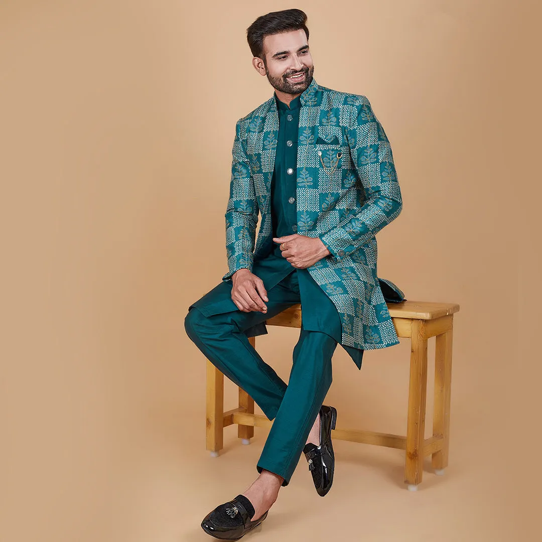 Azure  Blue Indo-Western Kurta with Designer Patch Jacket