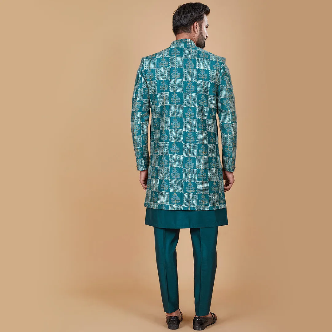 Azure  Blue Indo-Western Kurta with Designer Patch Jacket