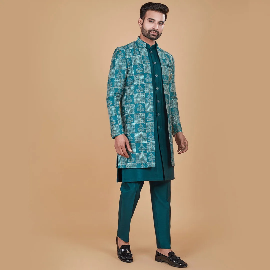 Azure  Blue Indo-Western Kurta with Designer Patch Jacket