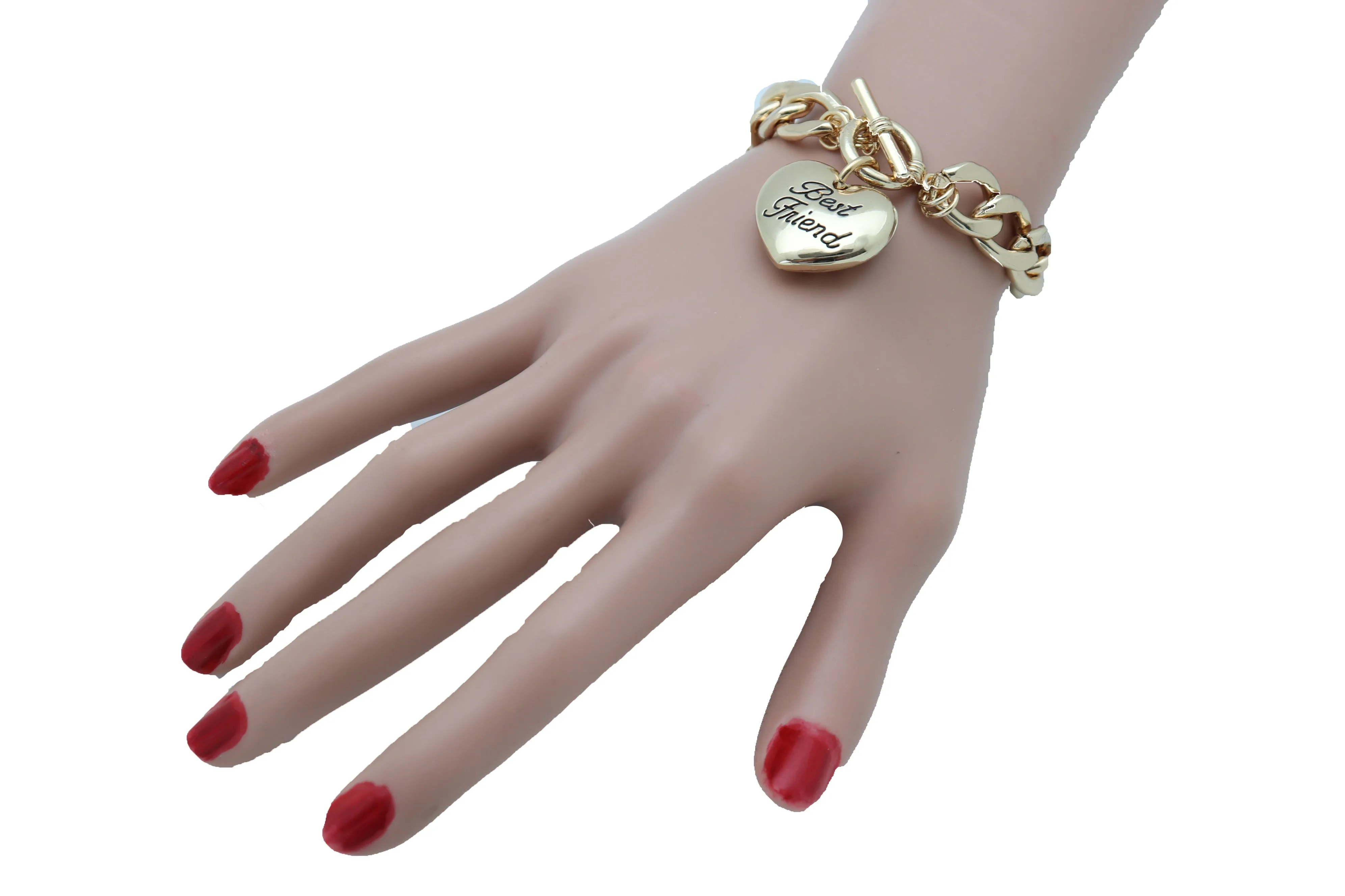 Bangle Bracelet Gold Metal Chain Heart Charm Best Friend