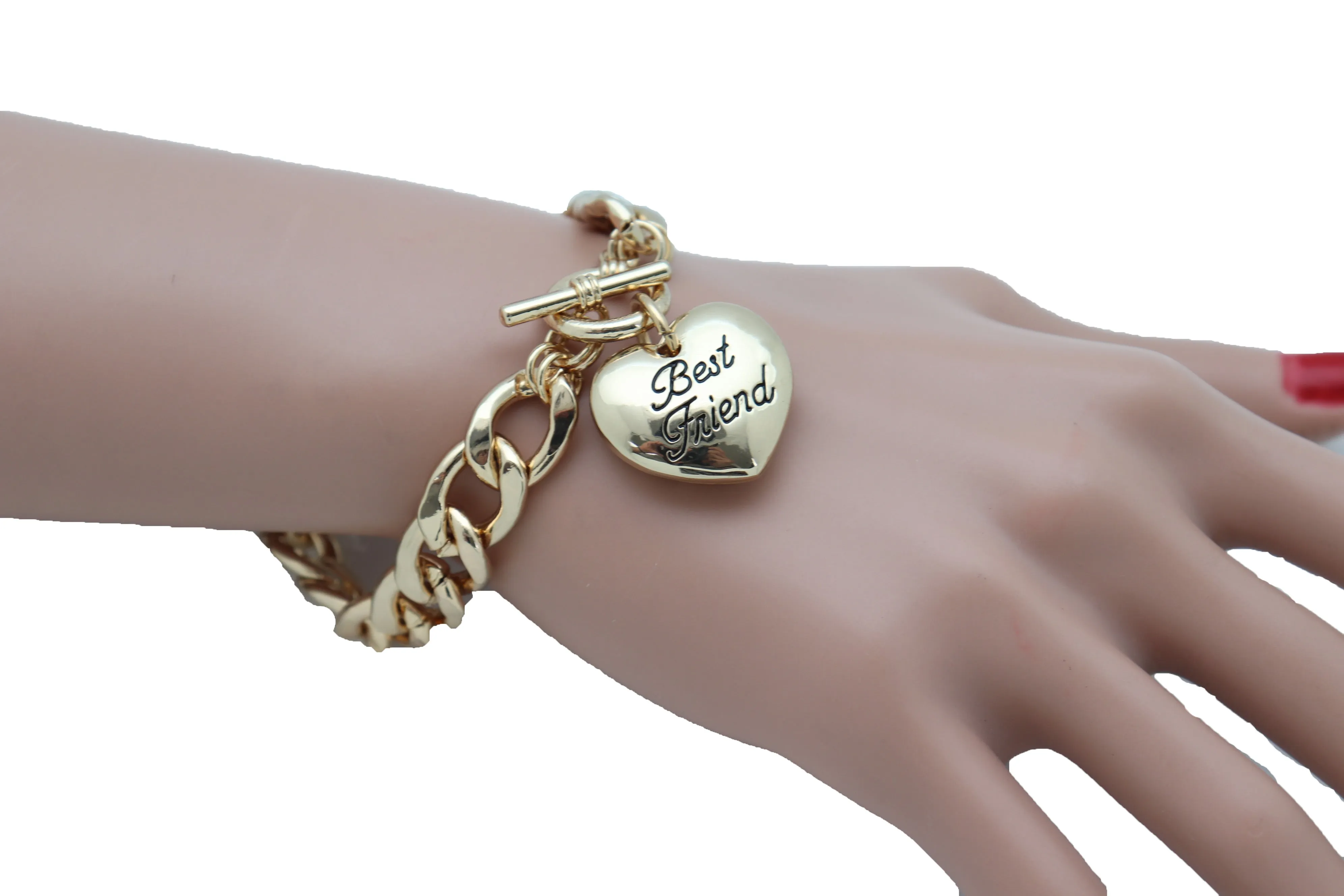 Bangle Bracelet Gold Metal Chain Heart Charm Best Friend