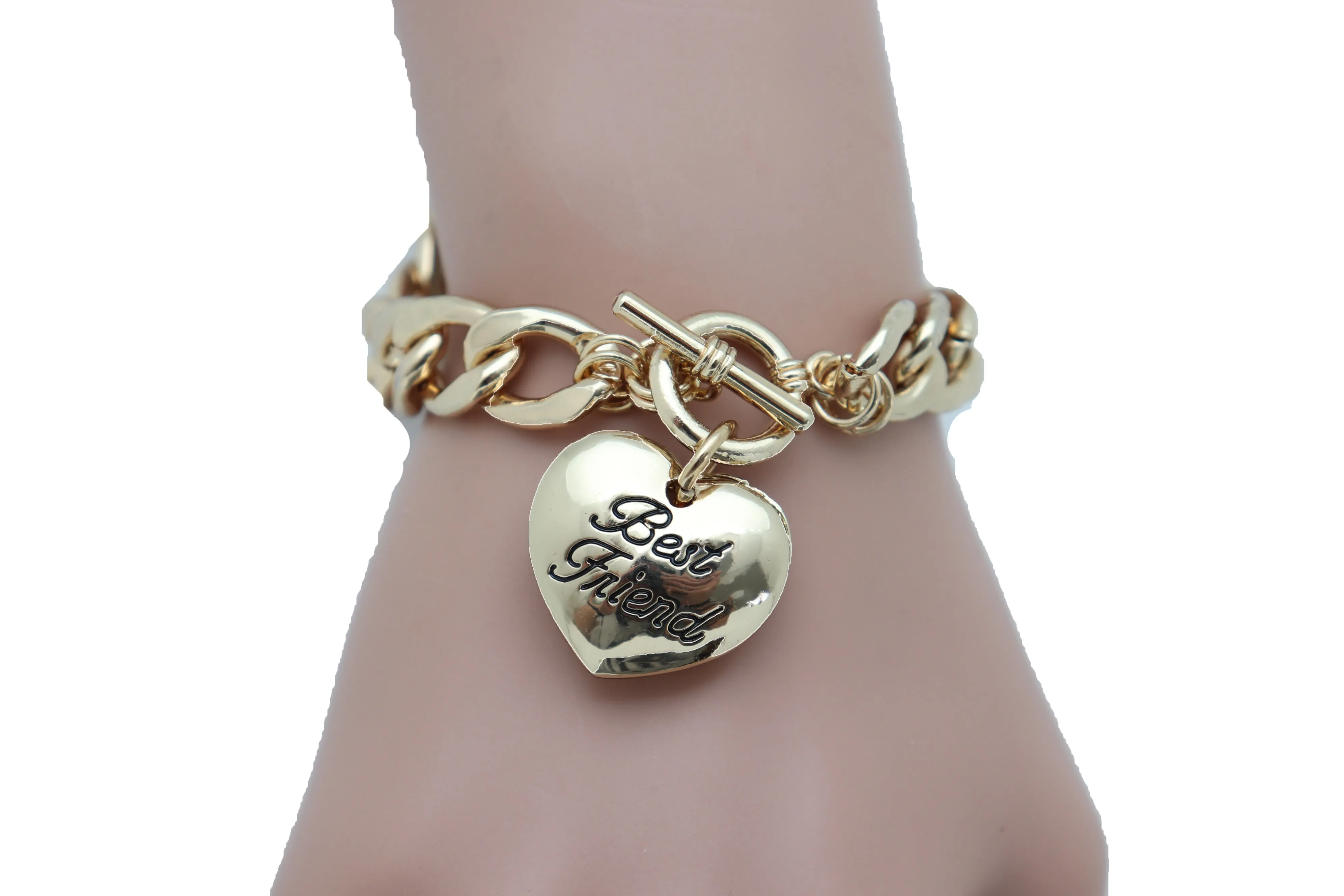 Bangle Bracelet Gold Metal Chain Heart Charm Best Friend