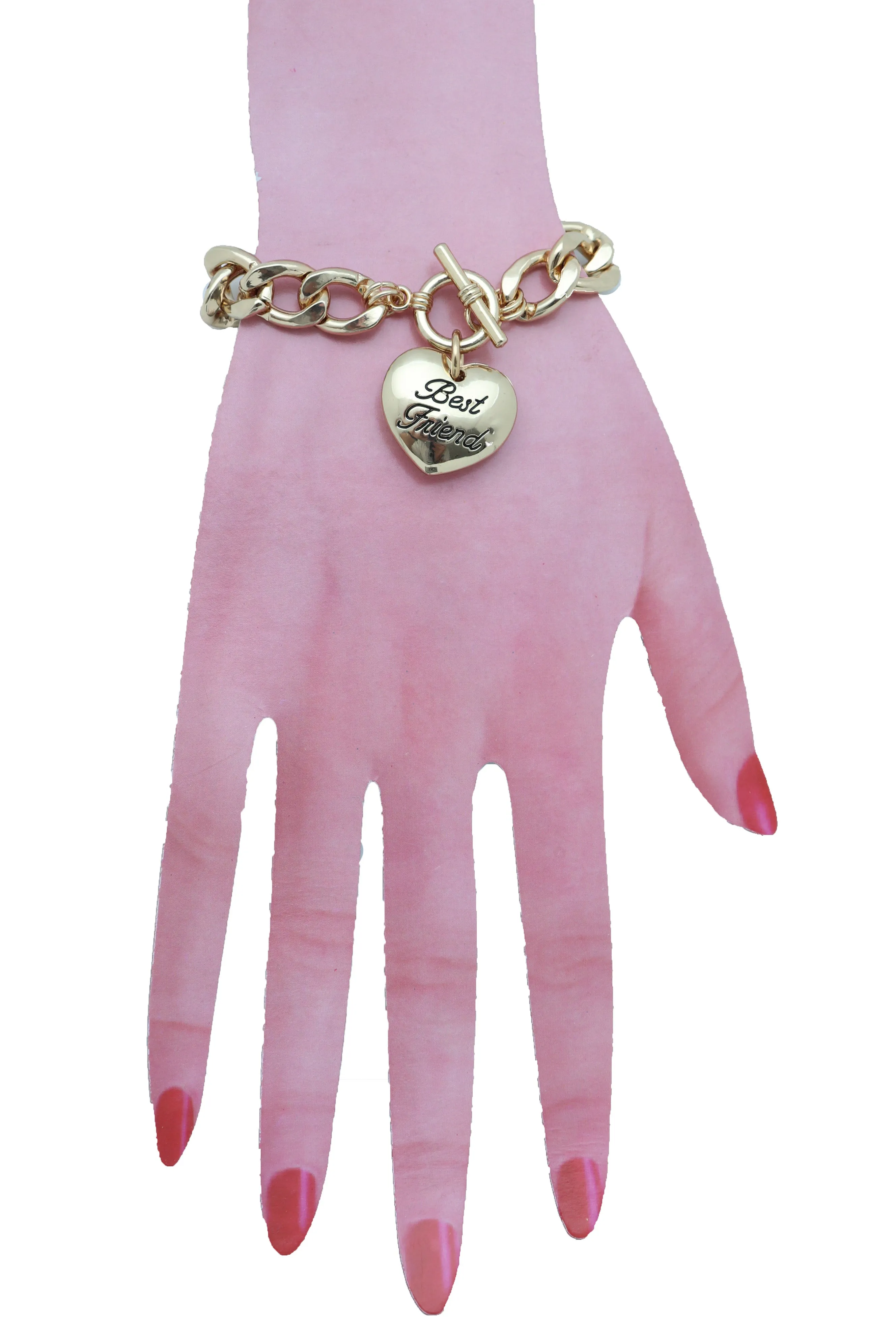 Bangle Bracelet Gold Metal Chain Heart Charm Best Friend