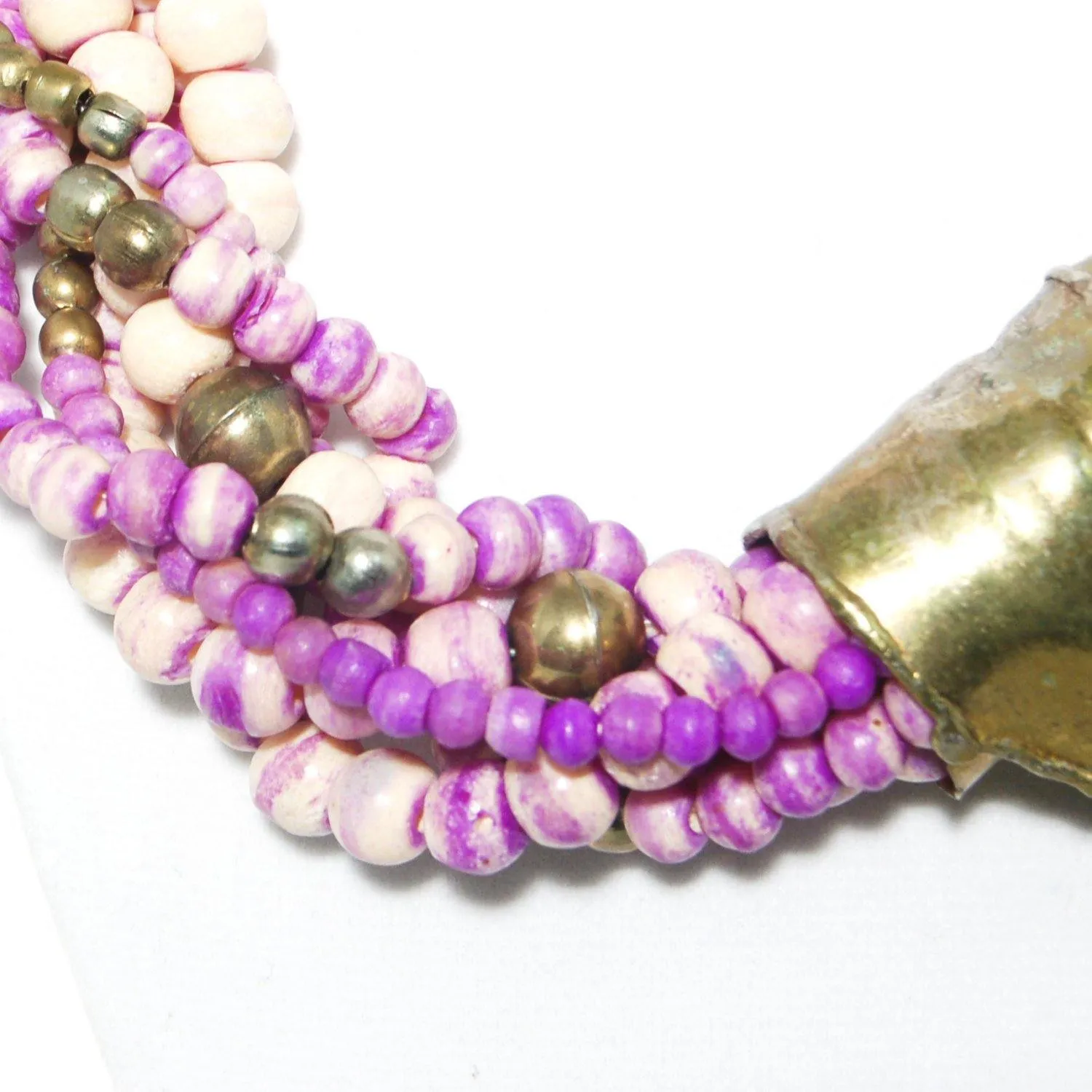 Beautiful Hand Made Artisan Brass and Ceramic Bead Torsade Necklace Purple and Ivory Color Boho Runway Style Piece