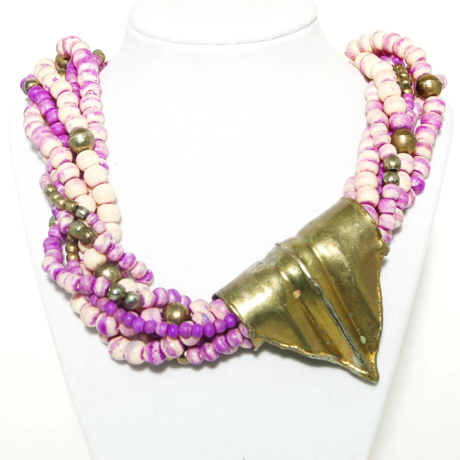 Beautiful Hand Made Artisan Brass and Ceramic Bead Torsade Necklace Purple and Ivory Color Boho Runway Style Piece