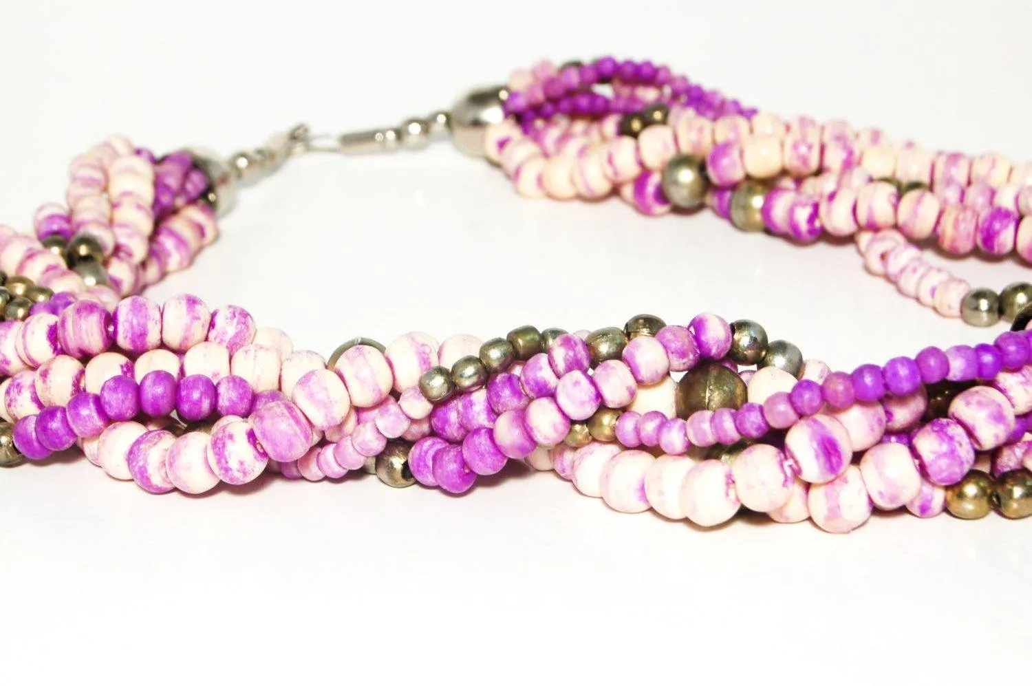 Beautiful Hand Made Artisan Brass and Ceramic Bead Torsade Necklace Purple and Ivory Color Boho Runway Style Piece