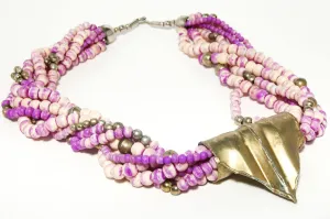 Beautiful Hand Made Artisan Brass and Ceramic Bead Torsade Necklace Purple and Ivory Color Boho Runway Style Piece