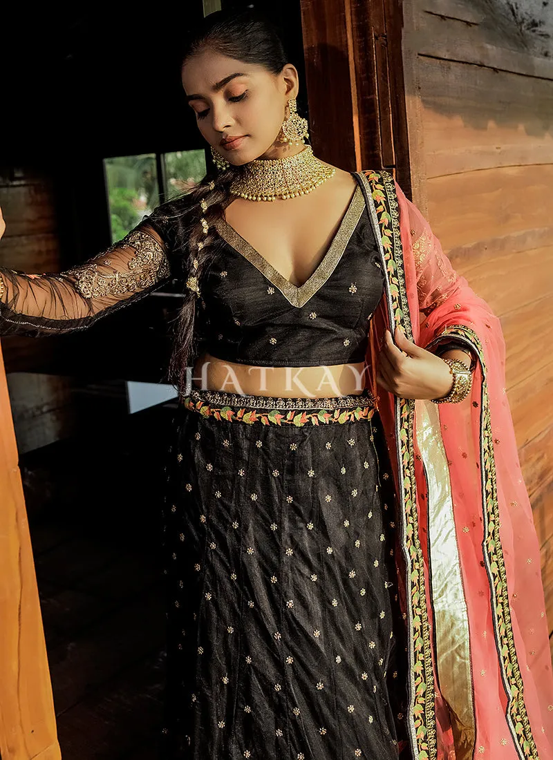 Black And Pink Multi Embroidery Silk Lehenga Choli