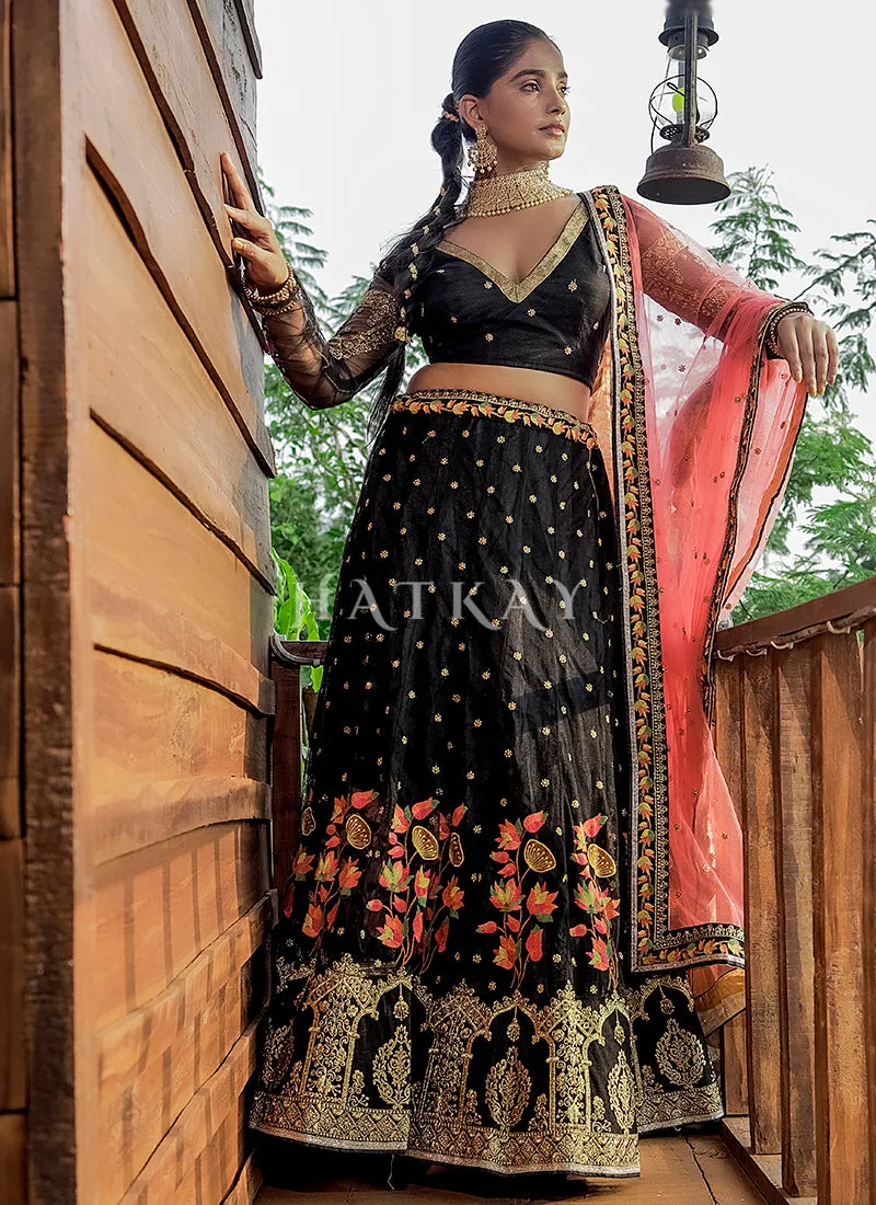 Black And Pink Multi Embroidery Silk Lehenga Choli