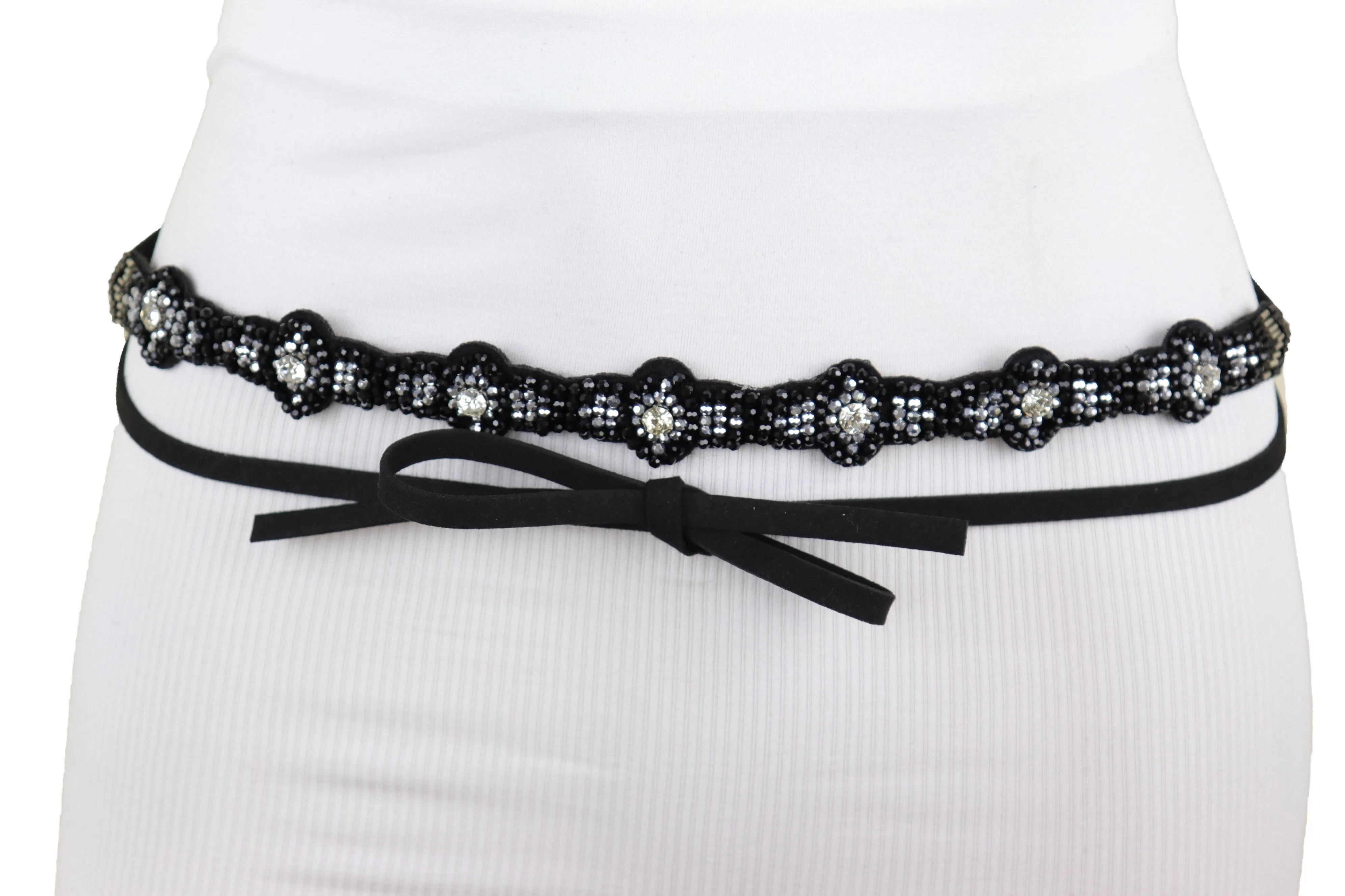 Black Fabric Band Wrap Round Tie Fashion Belt Hip High Waist Beads XS S M