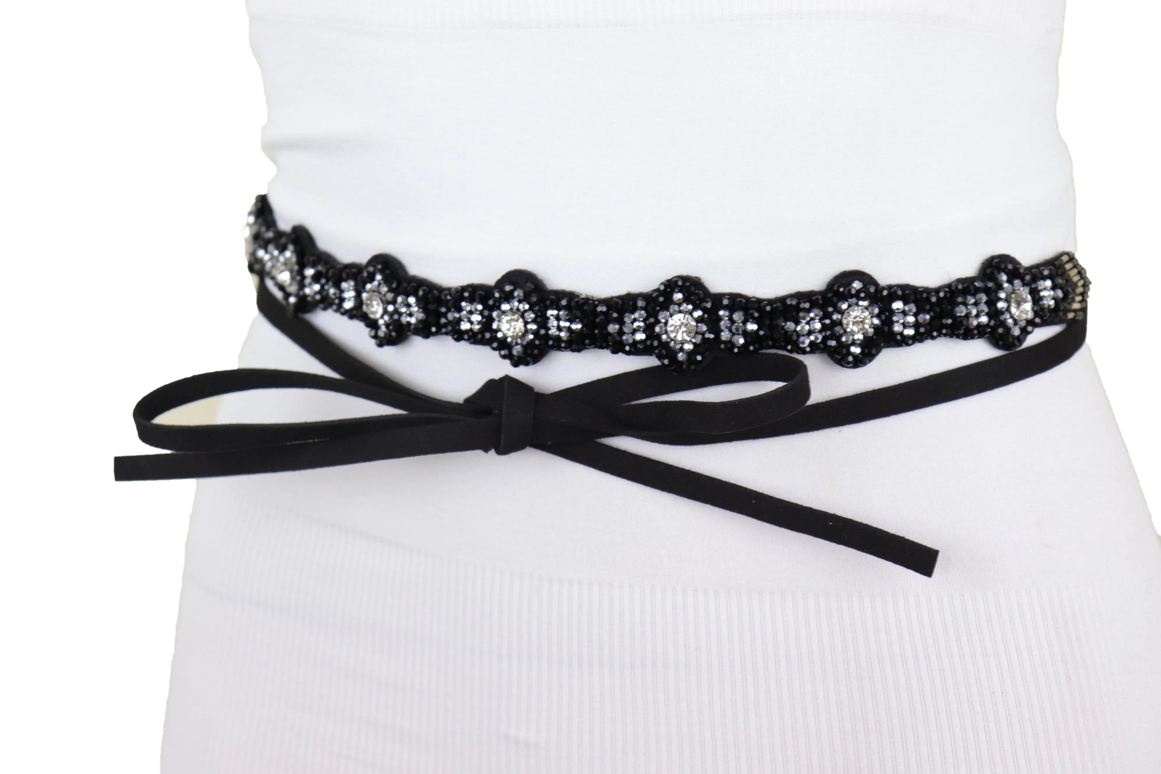 Black Fabric Band Wrap Round Tie Fashion Belt Hip High Waist Beads XS S M
