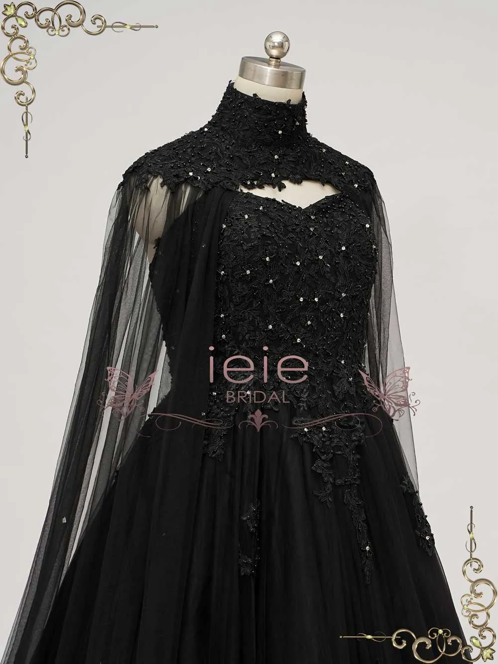 Black Lace Tulle Cape with High Neck