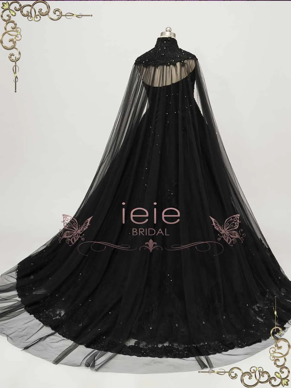 Black Lace Tulle Cape with High Neck