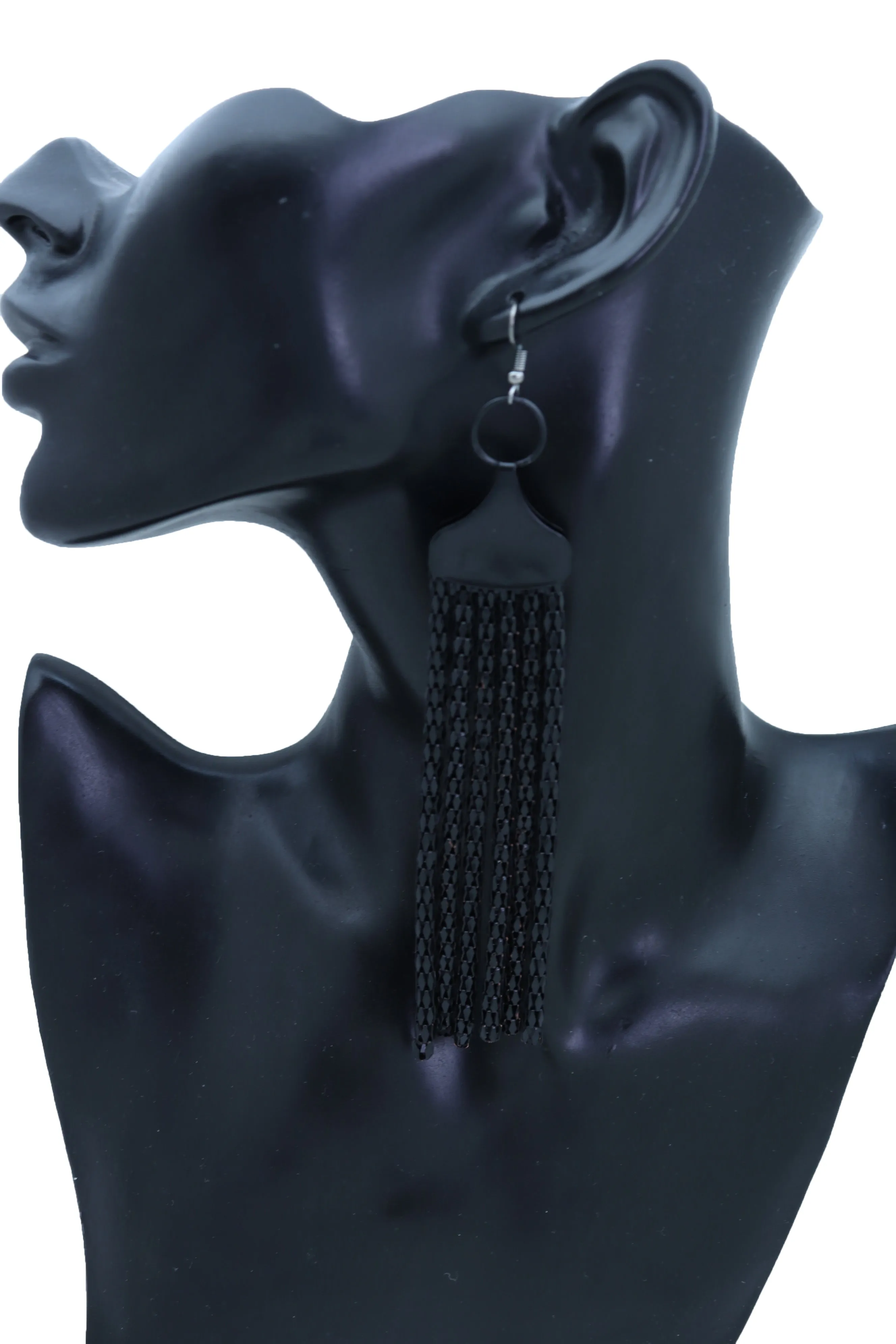 Black Mesh Metal Long Tassel Earrings