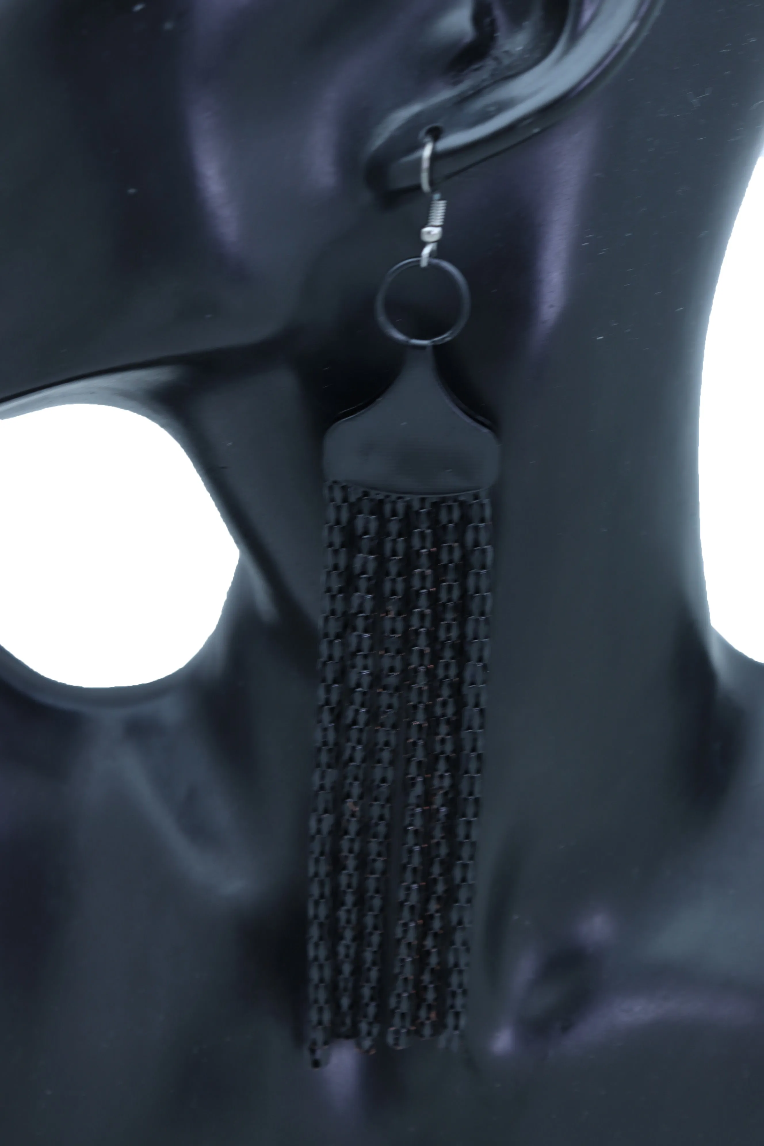 Black Mesh Metal Long Tassel Earrings