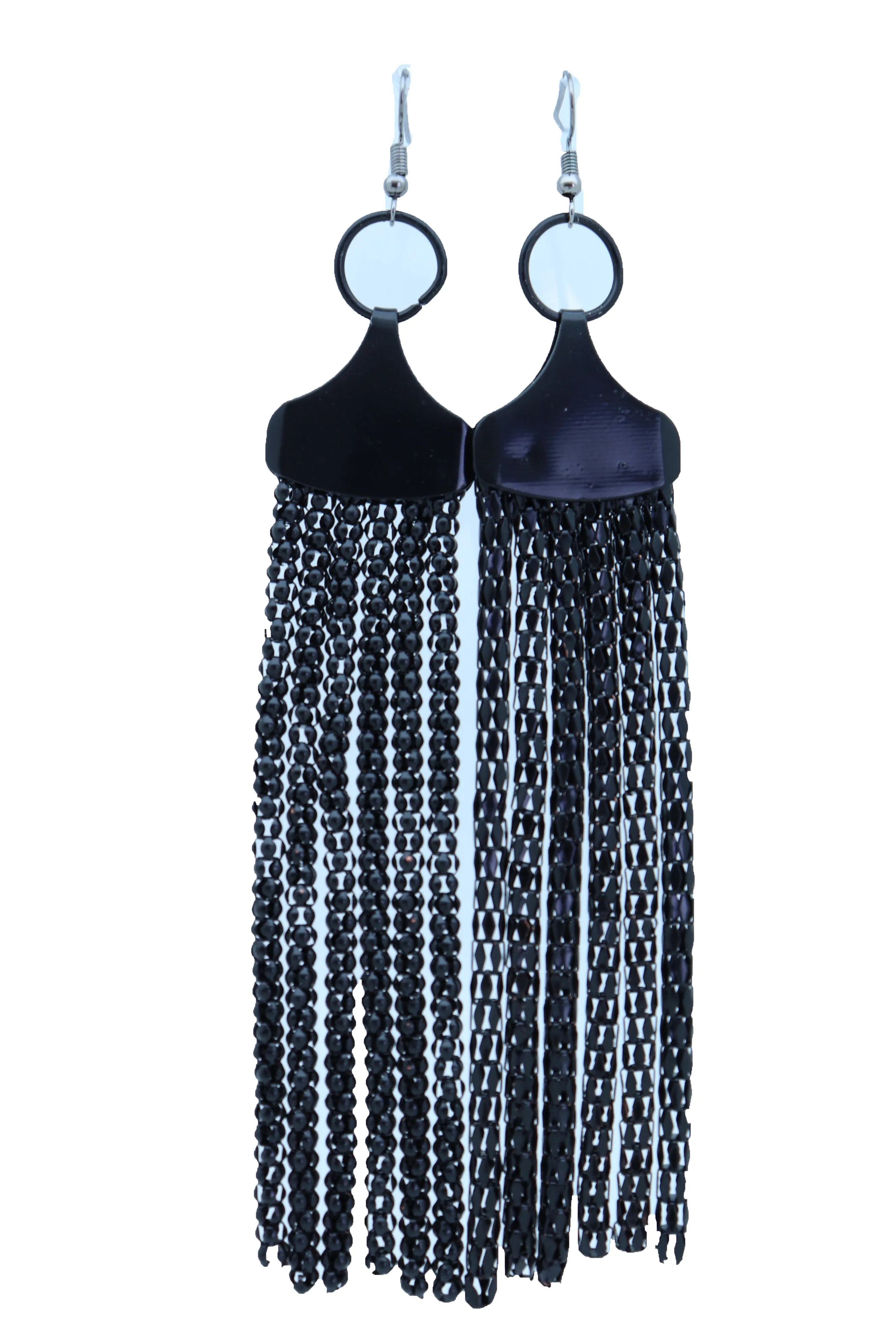 Black Mesh Metal Long Tassel Earrings