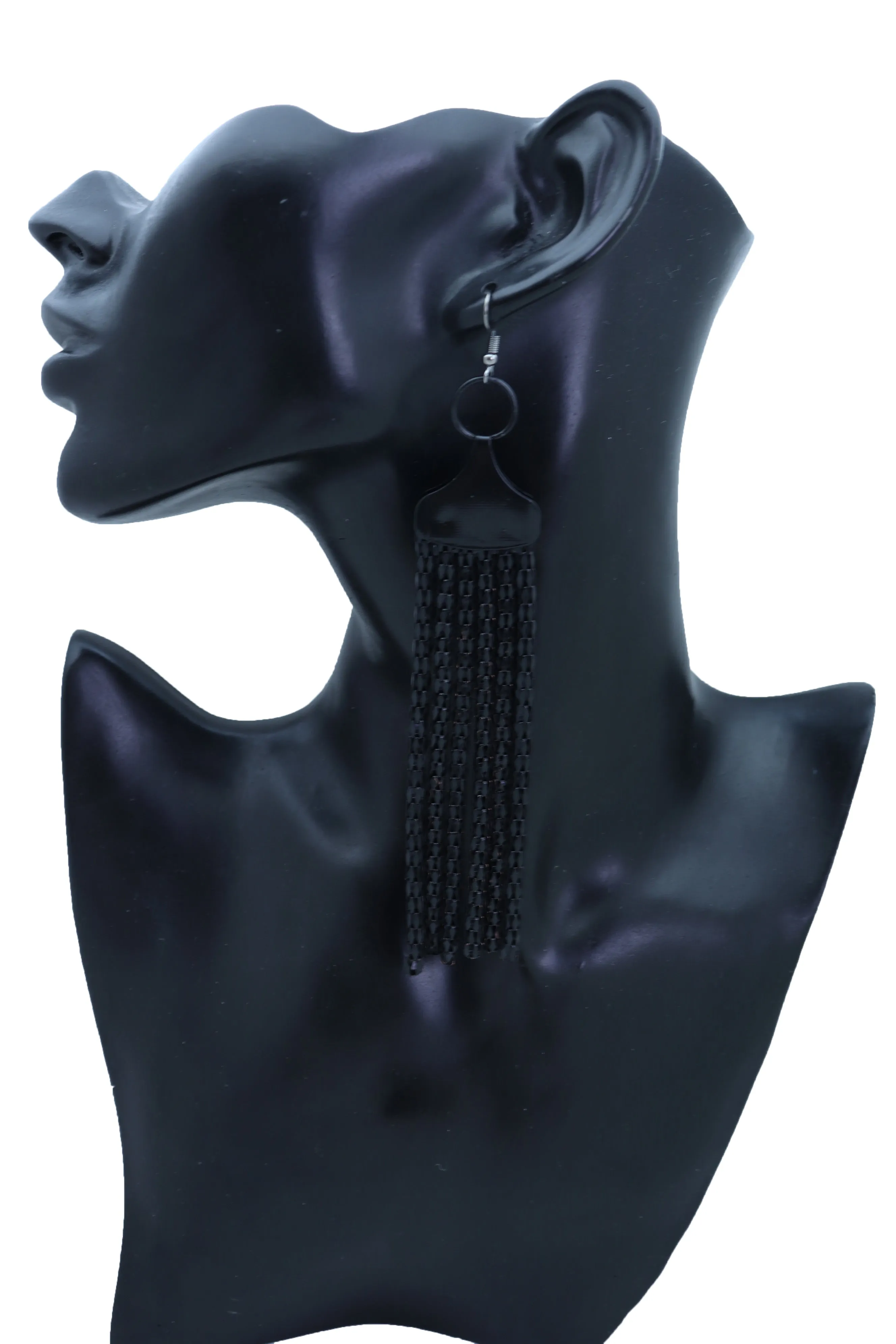 Black Mesh Metal Long Tassel Earrings