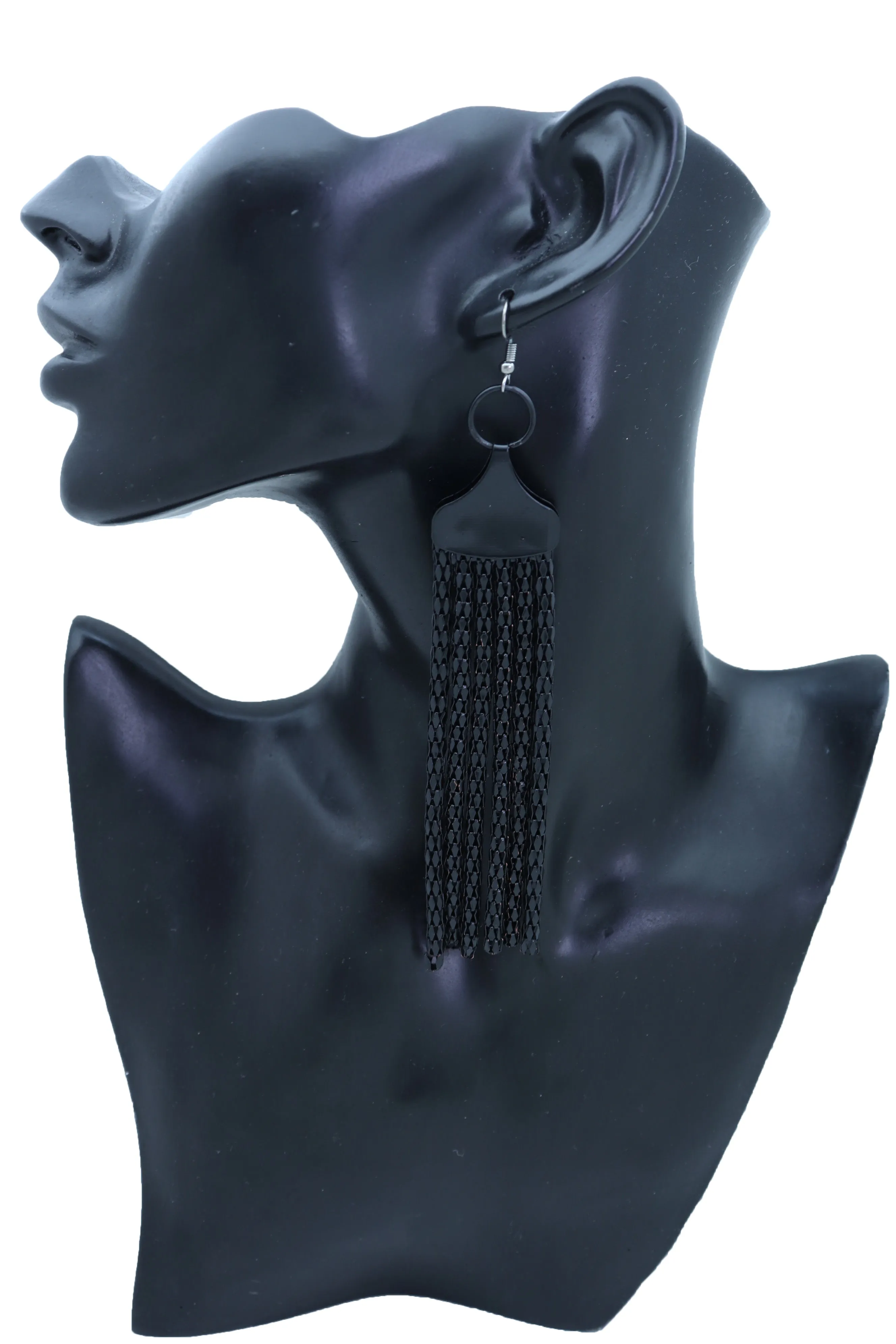 Black Mesh Metal Long Tassel Earrings