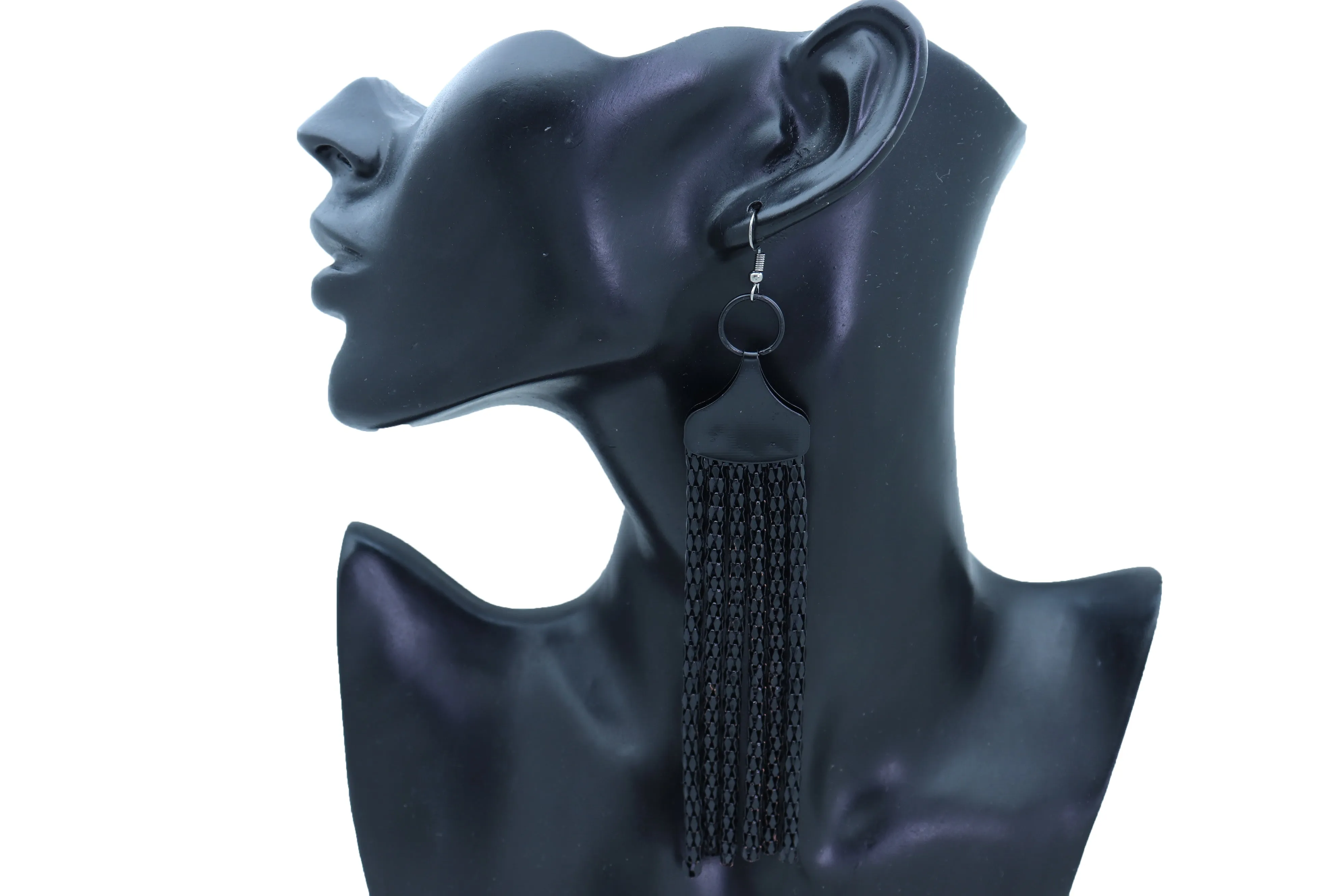 Black Mesh Metal Long Tassel Earrings