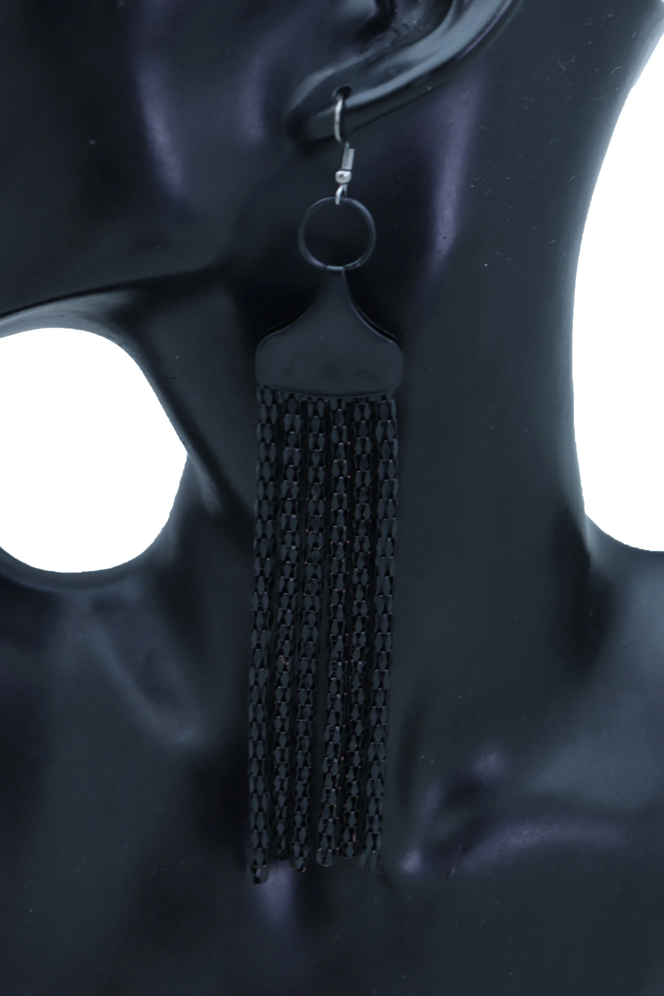 Black Mesh Metal Long Tassel Earrings