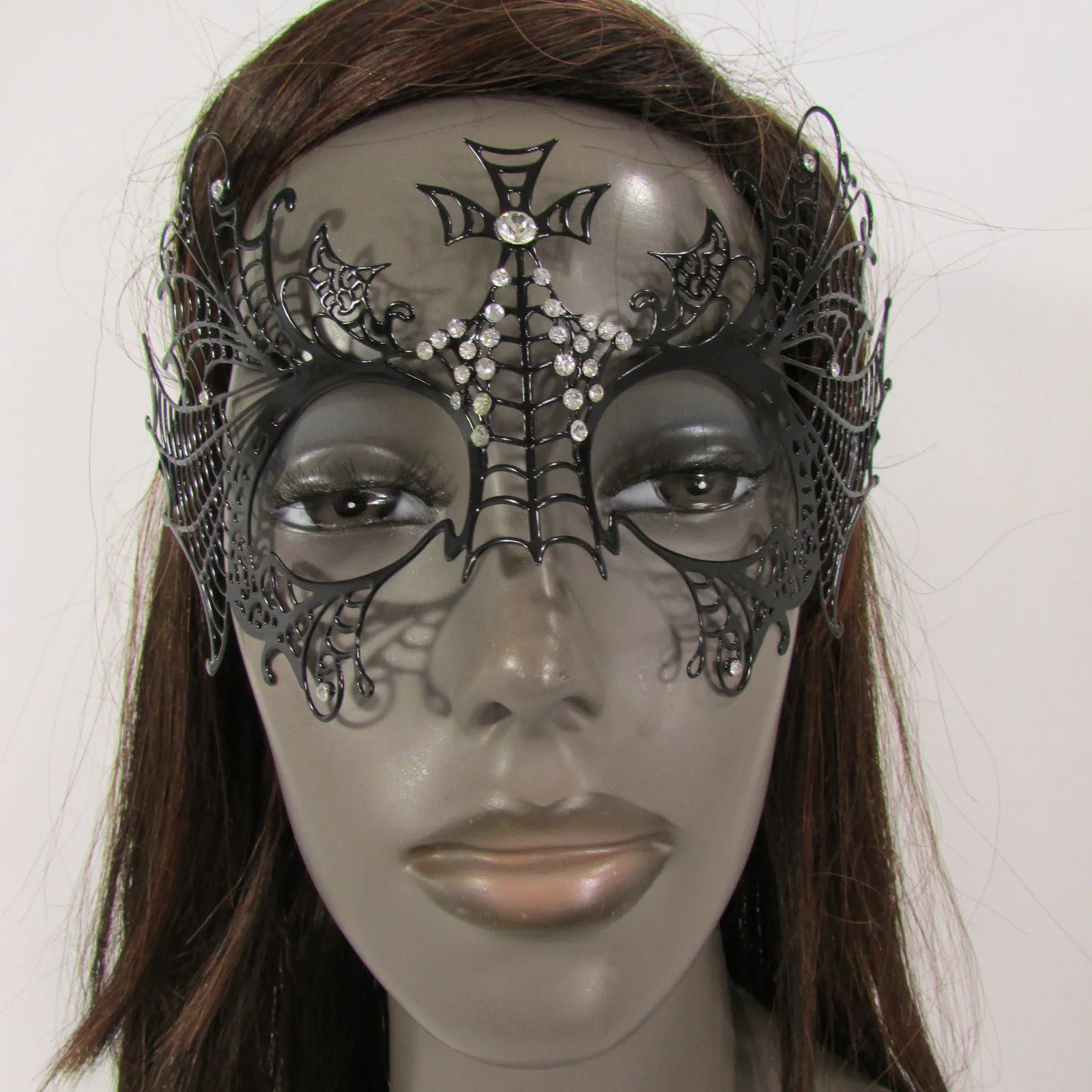 Black Metal Butterfly Wings Cross Net Silver Rhinestones Back Tie Halloween