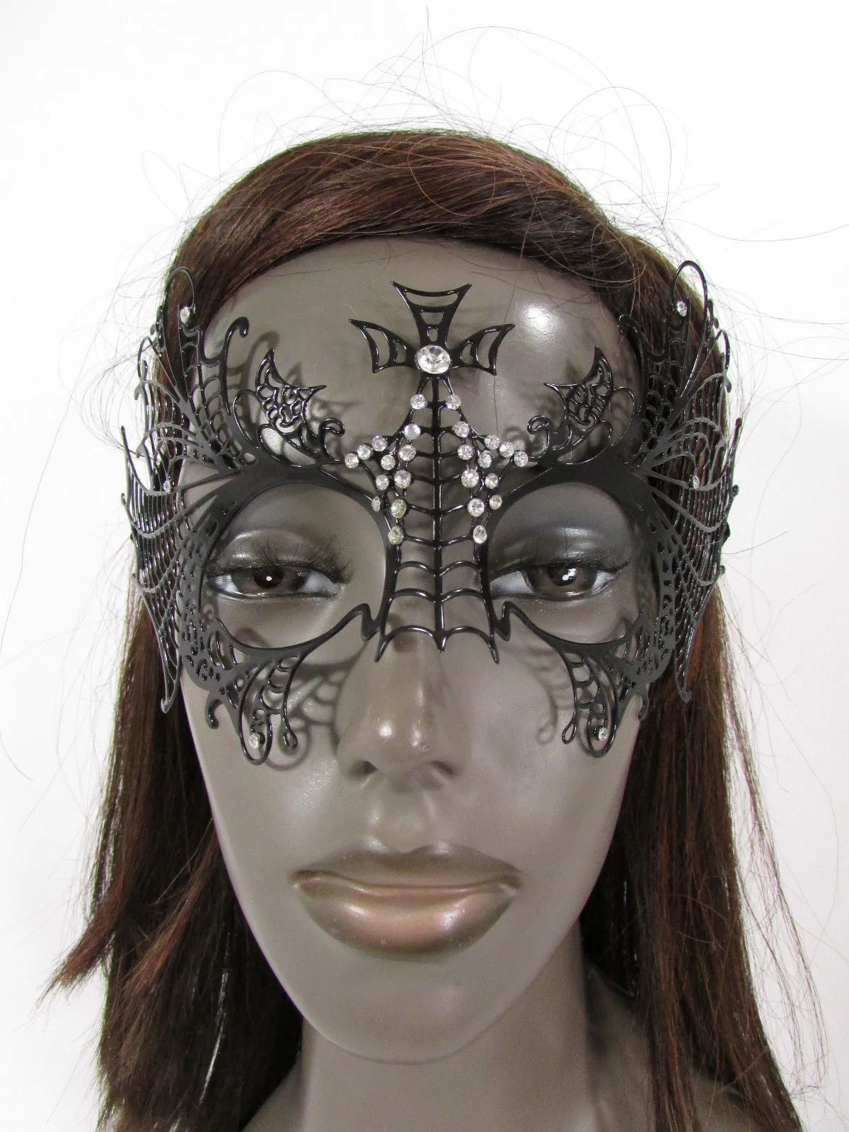 Black Metal Butterfly Wings Cross Net Silver Rhinestones Back Tie Halloween