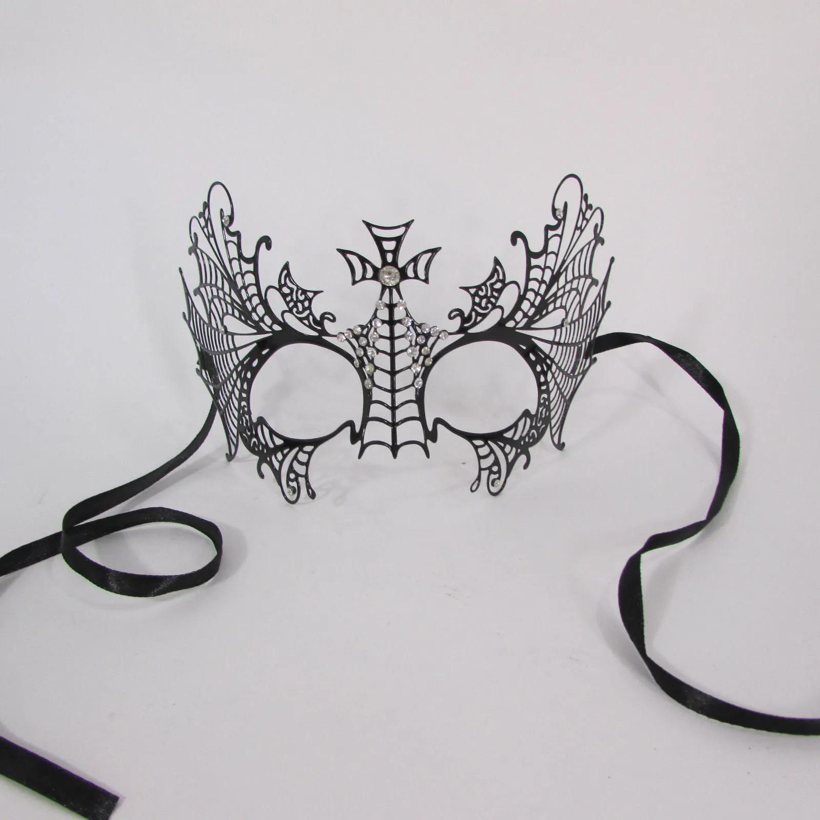 Black Metal Butterfly Wings Cross Net Silver Rhinestones Back Tie Halloween