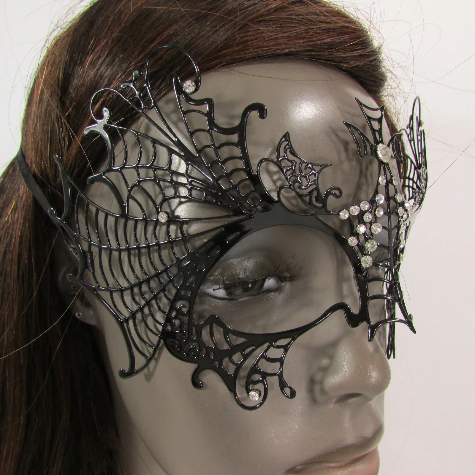 Black Metal Butterfly Wings Cross Net Silver Rhinestones Back Tie Halloween