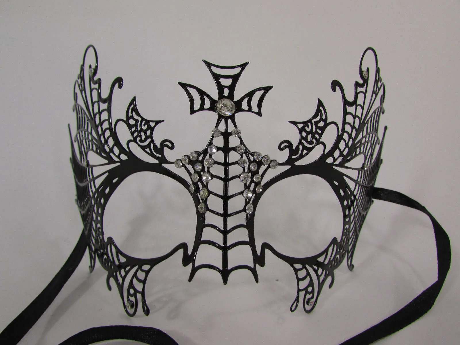 Black Metal Butterfly Wings Cross Net Silver Rhinestones Back Tie Halloween